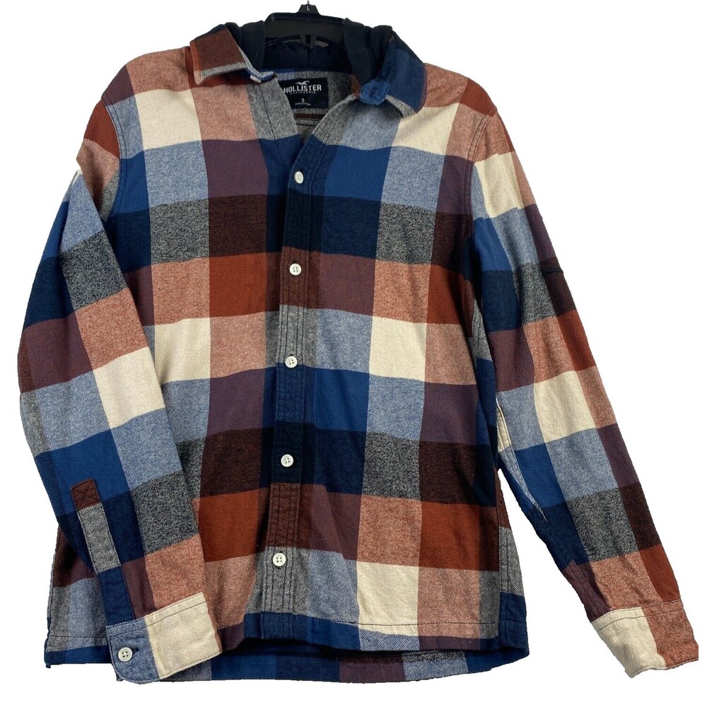 Hollister Flannel Hoodie Adult Small Red Black Button Up Sweater Outdoor Casual